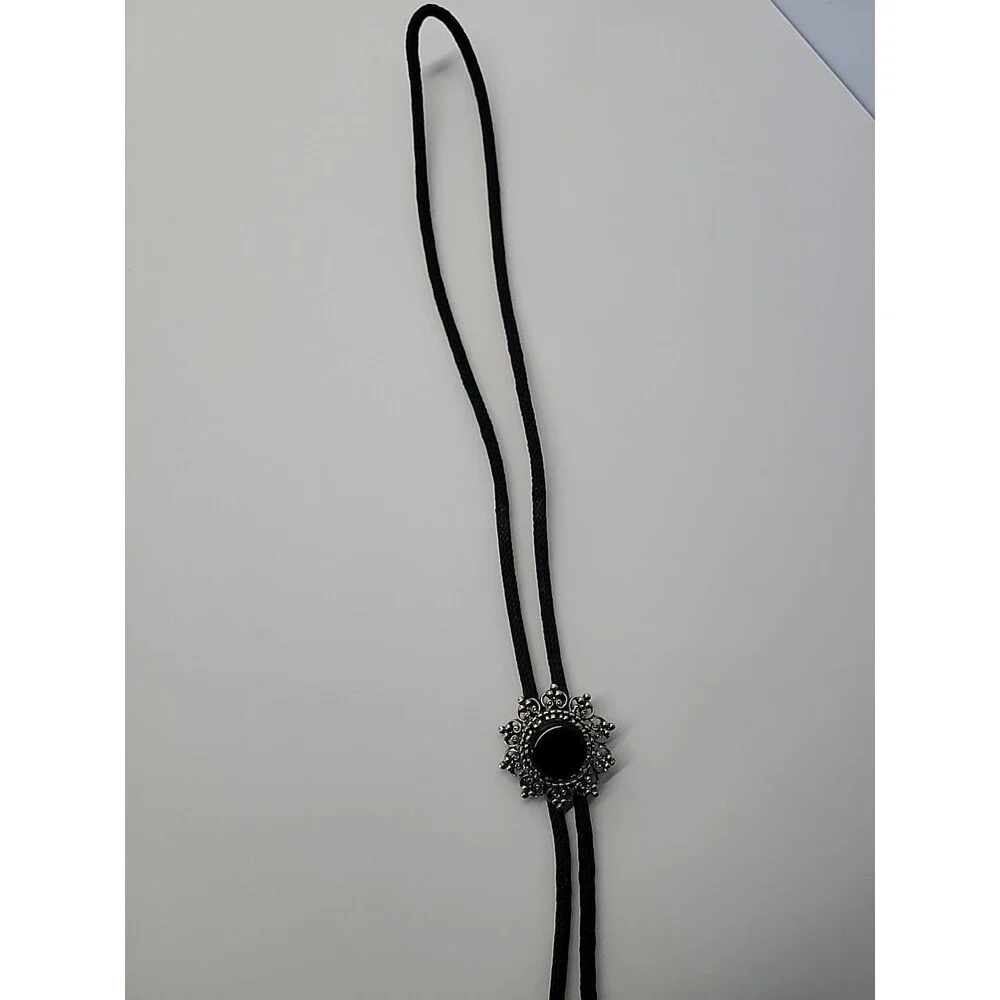 Black Bolo‎ Necklace Silver Tone Filigree Black Cabochon Western Cord Slide